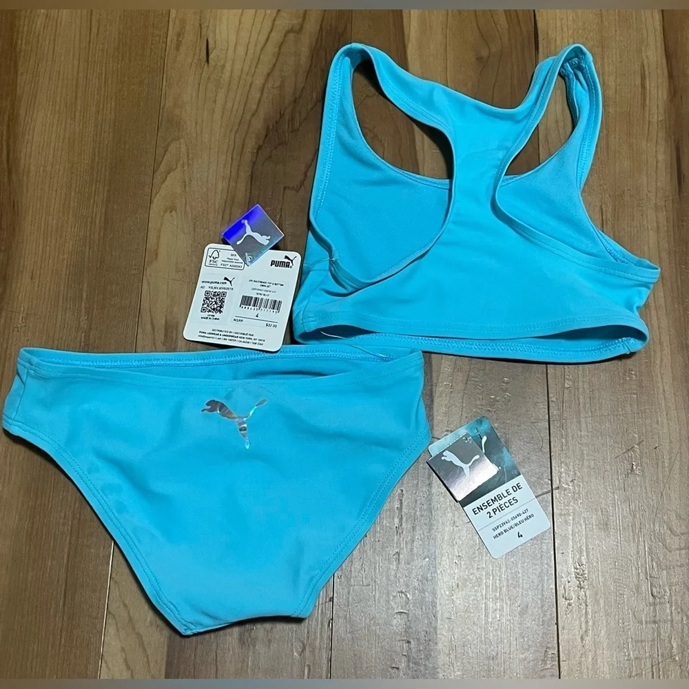 PUMA Girls 2PC Swimsuit Set Hero Blue Racerback Bikini Size 4 NWT